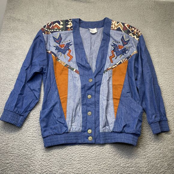 Vintage Jean Jacket Women Large Blue Studded Blue Jean Southwest Aztec 80s Rodeo - Picture 1 of 16